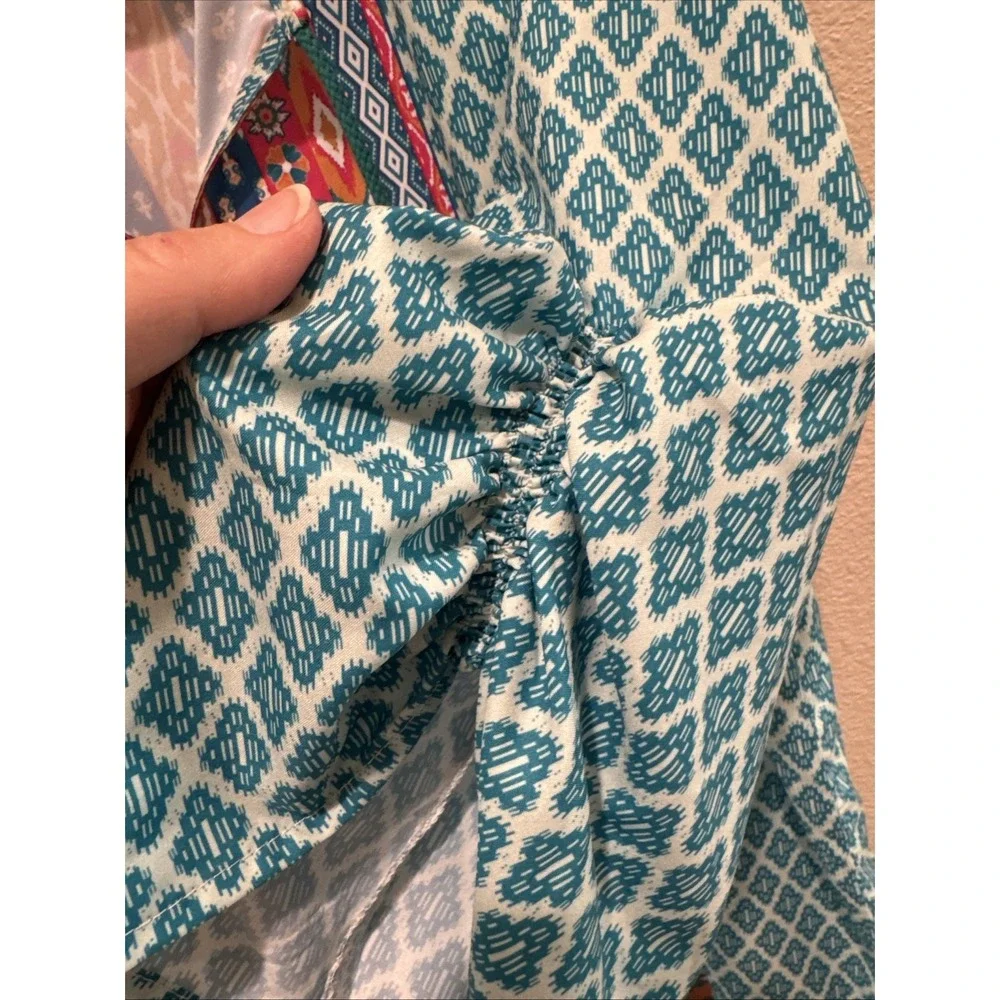Urban Coco Tunic Dress Size XL Colorful Blue Ruched 3/4 Sleeves Boho Shirt Dress
